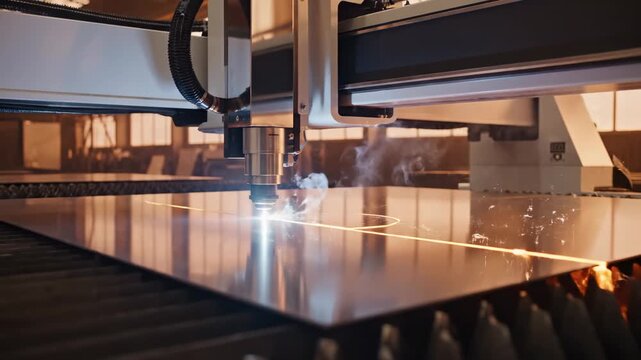 Industrial laser cutting machine precisely shaping metal sheet with sparks flying, automation and manufacturing process