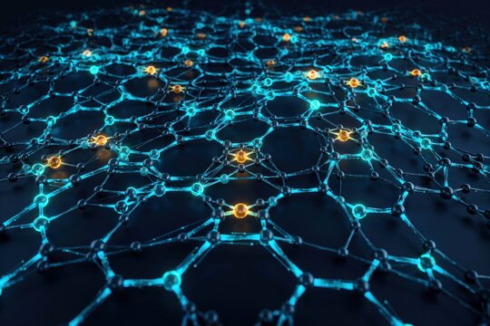 Complex molecular structure visualization with glowing blue and orange nodes connected by lines representing chemical bonds or data networks