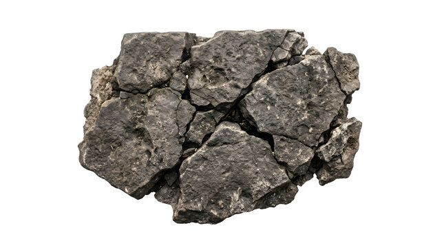 Cracked dark grey stone texture on white background, broken granite rock fragments, rough mineral boulder pieces for construction and geology design