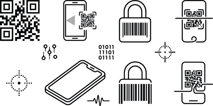 Mobile QR Code Scanning and Barcode Security Icon Set for Digital Payment Technology