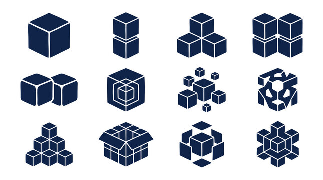 A collection of various cube shapes and 3D block structures are arranged.