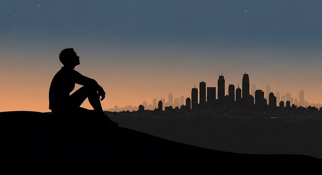 Silhouette of skateboarder against city skyline at sunset.
