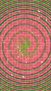 Abstract digital background with a pink and green spiral pattern and glowing particles.