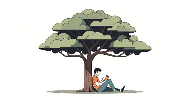 Child reading a book under a large tree outdoors.