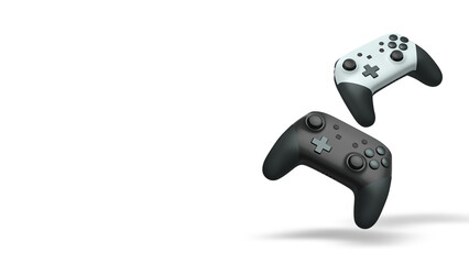 Wireless gaming controllers flying in air isolated on white background, symbolizing gaming technology concept © Vasyl Onyskiv
