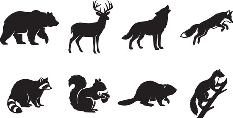 Naklejka premium Forest wildlife animal silhouettes vector set featuring bear, deer, wolf, fox, raccoon, and squirrel