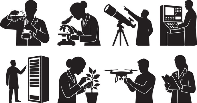 Science and technology research professions silhouettes icon set representing laboratory experiments biotechnology and engineering occupations