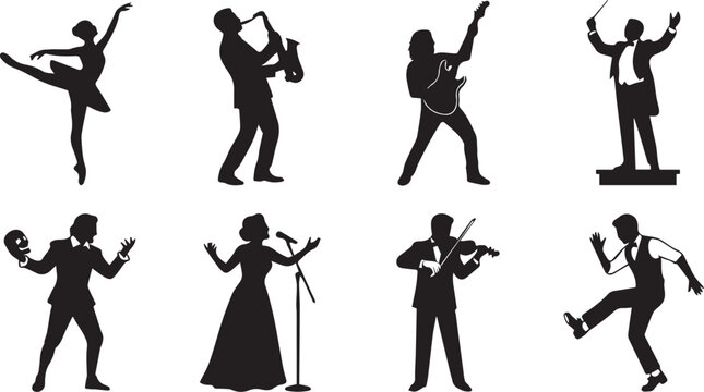 Performing arts and music entertainment silhouettes icon set representing theatre dance and live musical concert artists