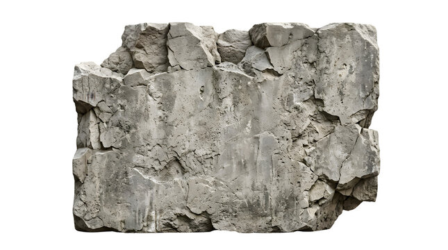 Rugged grey stone block isolated on white, weathered granite rock texture, solid mountain boulder element for architectural design and 3D modeling