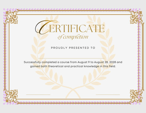 White and gold completion certificate template with elegant border decorative accents formal title area and blank fields for course achievement training recognition and award presentation