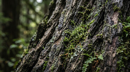 Obraz premium Ancient Tree Bark Covered with Moss and Morning Dew