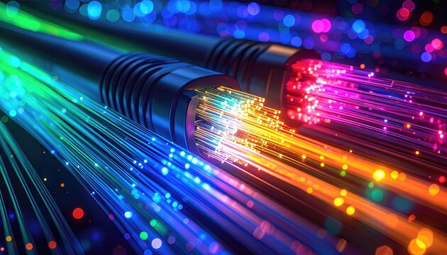 Close-up of illuminated fiber optic cables transmitting data with vibrant colors.