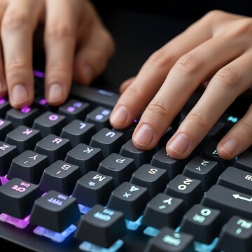 Person typing on illuminated keyboard in dark room.