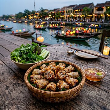 Vietnamese fried spring rolls (Nem Ran) filled with minced pork and wood ear mushrooms, served with fresh herbs and nuoc cham dipping sauce on a wooden table in a Hoi An riverside restaurant with lant