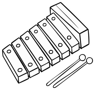 Illustration of a xylophone with mallets ready for play in minimalist black and white style