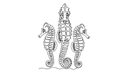 Continuous Simple black line art drawing set of seahorse in a minimalist style on a white background. © shoshi