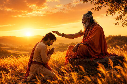 Elder sage blessing kneeling disciple in golden meadow during guru purnima hindu relegious festival with sunset light and peaceful countryside
