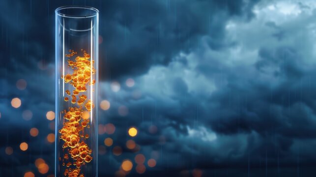 Glass test tube filled with glowing liquid, surrounded by dark stormy clouds and atmospheric lighting
