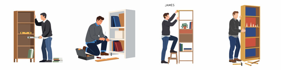 Illustrations of a man assembling furniture, including bookshelves and cabinets, using various manual tools like levels, screwdrivers, and measuring tapes for home improvement. © Jayadi