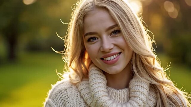 A beautiful blonde woman smiles in a sunny autumn park