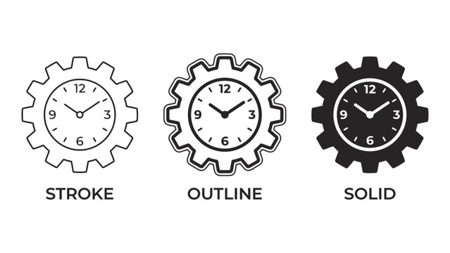 Three gear clock icons in stroke, outline, and solid styles