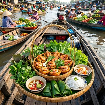 basket of Banh Cong deep-fried rice and mung bean cakes topped with whole shell-on shrimp, served on a bamboo tray on a boat in the vibrant Can Tho floating market, wide shot with extensive fresh gree