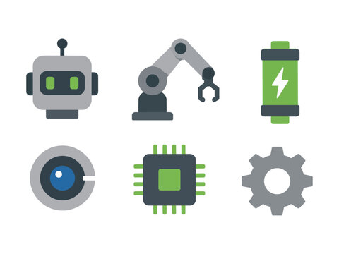 Robot Head, Robotic Arm, Battery, Camera, Microchip, Gear Icons Representing Automation