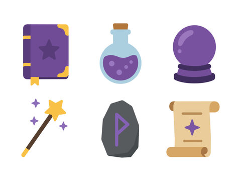 Magic Icons Set Spellbook, Potion, Crystal Ball, Wand, Rune Stone, Scroll