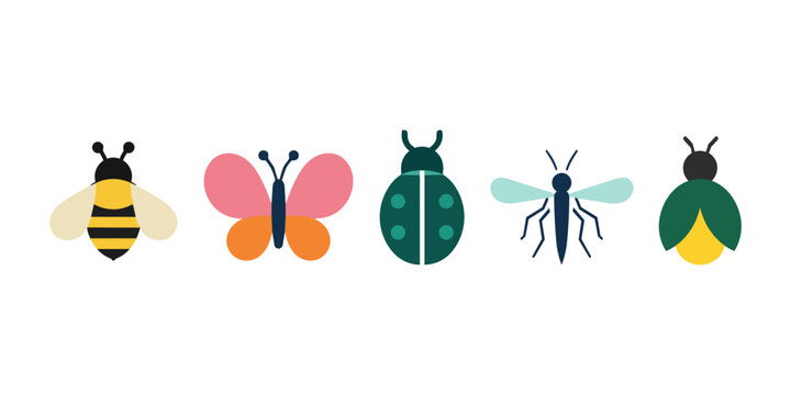 Set of Five Cute Cartoon Insects Bee, Butterfly, Ladybug, Mosquito, Firefly