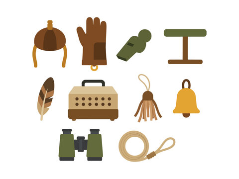 Dog Training Equipment Flat Icons Whistle, Leash, Bell, Binoculars, Cage, Feather, Glove, Hat