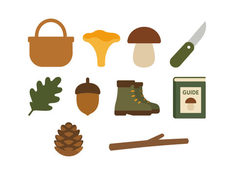 Mushroom Hunting Icons Basket, Chanterelle, Porcini, Knife, Oak Leaf, Acorn, Boot, Guidebook