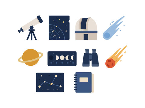 Astronomy Icons Telescope, Planets, Comets, Constellations, Moon Phases, Binoculars, Observatory