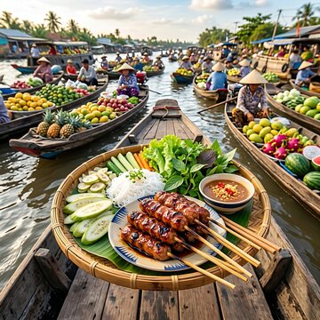 platter of Nem Nuong Cai Rang grilled pork sausage skewers with a glossy glaze, served with fine rice vermicelli and green bananas, served on a bamboo tray on a boat in the vibrant Can Tho floating ma