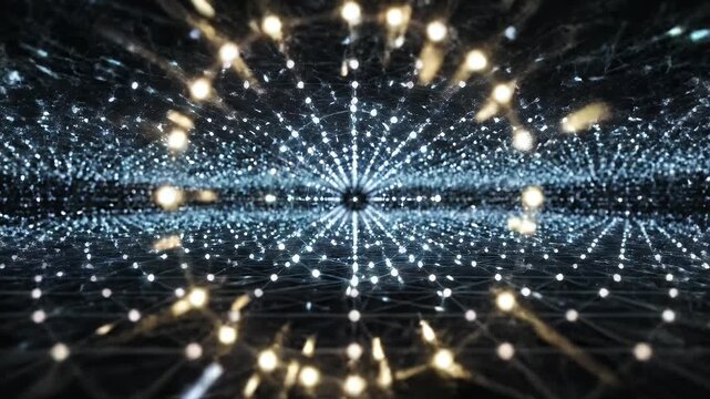 A mesmerizing digital artwork depicts a futuristic tunnel filled with glowing nodes and interconnected lines, creating a sense of depth and infinite space.