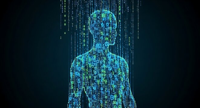 Digital blue abstract human silhouette with glowing data points.