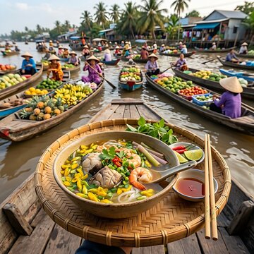  Bun Ca Kien Giang fish noodle soup featuring thick blocks of snakehead fish fillet, shrimp, and wild sesbania sesban yellow flowers, served on a bamboo tray on a boat in the vibrant Can Tho floating 