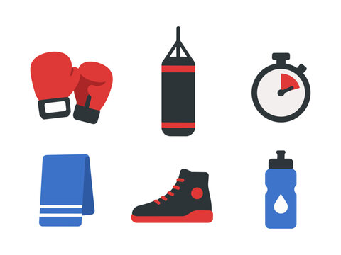 Boxing Equipment Flat Icons Gloves, Punching Bag, Stopwatch, Towel, Shoe, Water Bottle