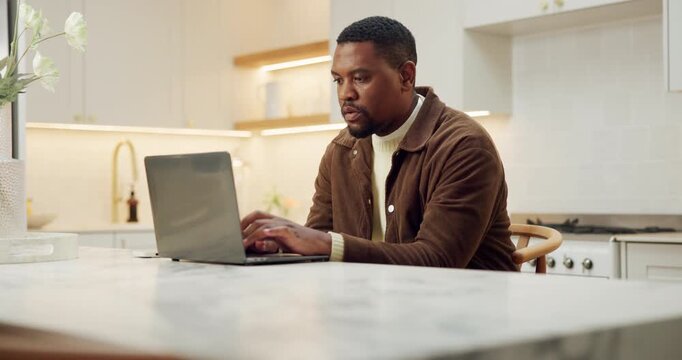 Laptop, typing and black man in house with remote work, check timesheet or report for HR administration. Human resources worker, person and review employee hours with computer, payroll and planning.