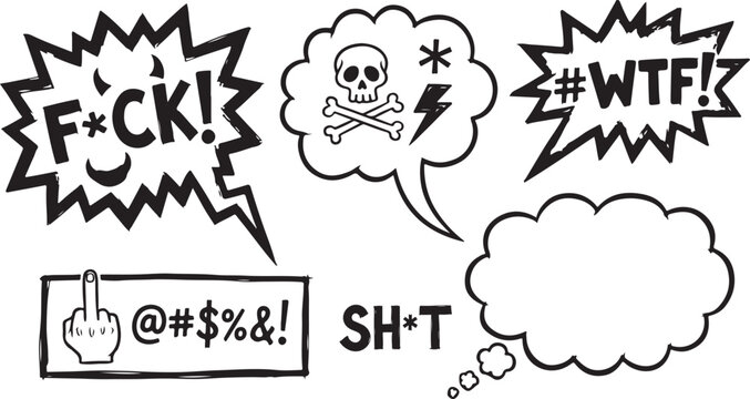 A set of hand-drawn, edgy comic-style speech bubbles and expletives in black ink on a white background, featuring various symbols of frustration, anger, and censored profanity.
