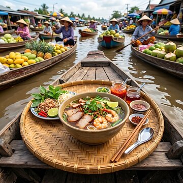 bowl of Bun Nuoc Leo Khmer-style aromatic noodle soup with roasted pork, shrimp, and fresh banana blossoms, served on a bamboo tray on a boat in the vibrant Can Tho floating market, medium shot with 
