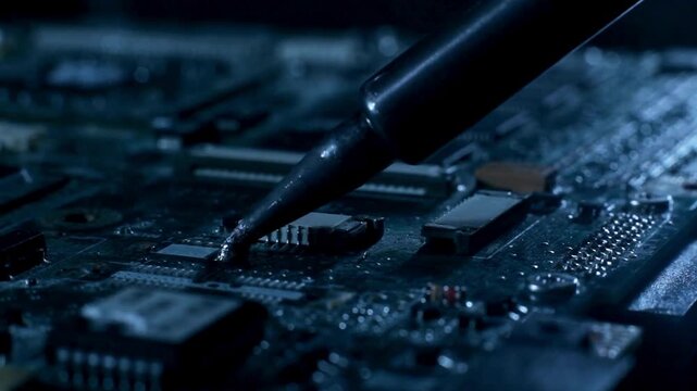 Closeup of a soldering iron tip touching a microchip on a circuit board with various components