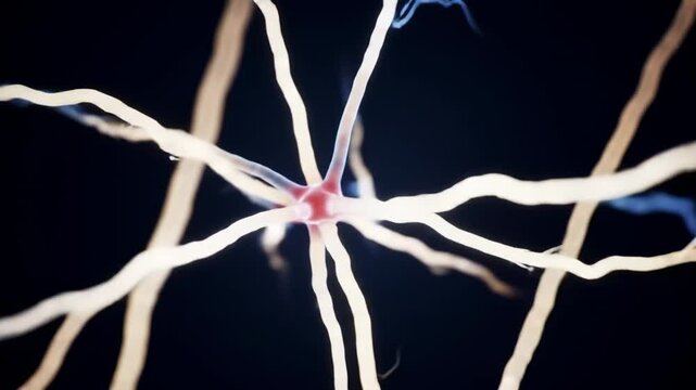 Close up of a glowing neuron with intricate branching dendrites on a dark background, representing neural activity and brain function, science and medicine