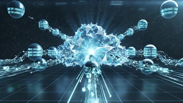 A futuristic abstract visualization depicts a complex network of interconnected nodes and spheres, suggesting data flow and technological innovation against a dark, starry backdrop.