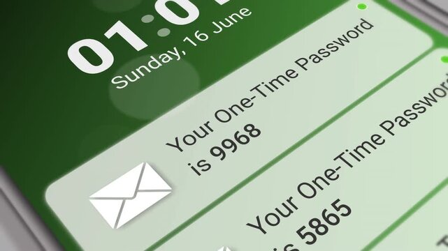 One-time password pop-up notification and scrolling step by step on mobile screen.