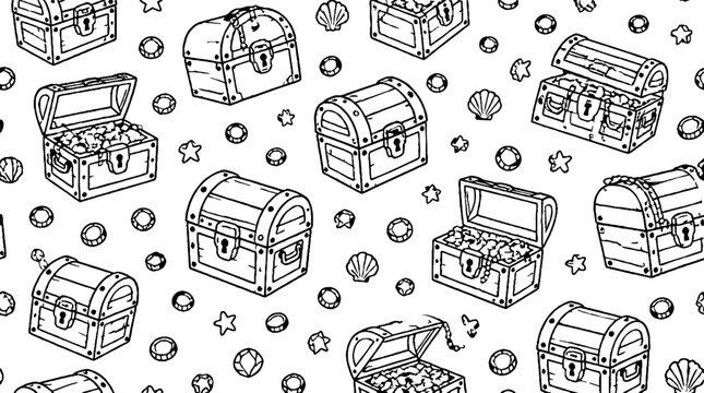 Vintage Treasure Chest Pattern with Coins and Stars.