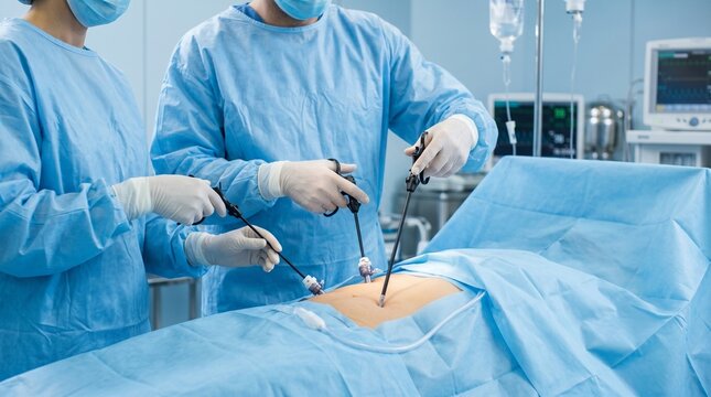 Surgeons perform laparoscopic surgery using specialized instruments in an operating room