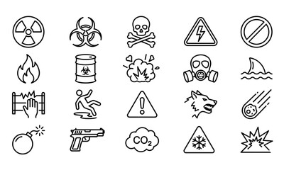 Fototapeta premium Hazard Warning Danger and Safety Outline Icons Set