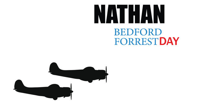 Nathan Bedford Forrest Day Typography Design with Vintage Military Aircraft Silhouettes, Historical Commemoration Graphic, Heritage Event Banner on White Background