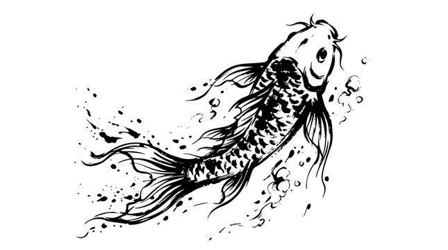 Black and white vector illustration of a koi fish swimming