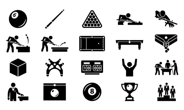 Billiards and Pool Sport Silhouette Icons Set